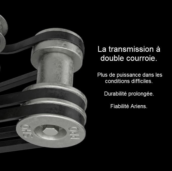 Performance Plus MS | Transmission à double courroie de la souffleuse Ariens Pro 36, vue détaillée des poulies.