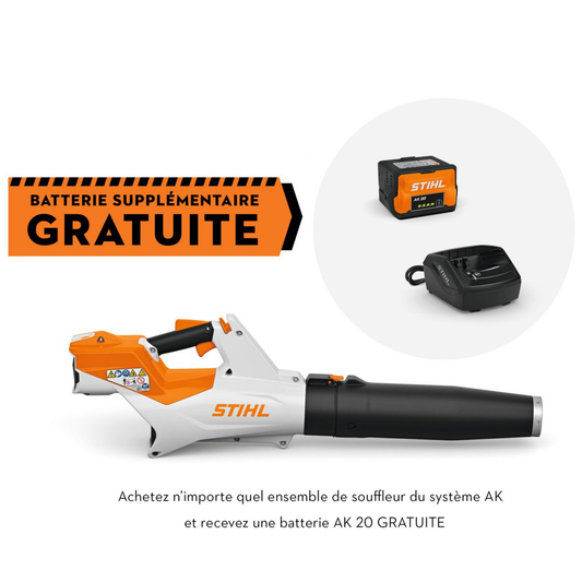Performance Plus MS | Souffleur à batterie STIHL BGA 60 | vue du produit avec batterie et chargeur | promotion deuxième batterie gratuite